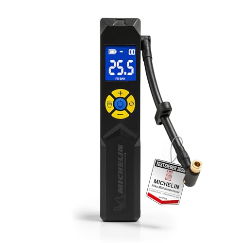 MICHELIN Akku Mini Kompressor 10 Bar – Tragbar & Digital | Perfekt für Auto, Fahrrad, E-Bike, Motorrad, Wohnwagen & Anhänger | 150 PSI, 7,4 V /2500 mAH | LCD-Display, LED-Licht