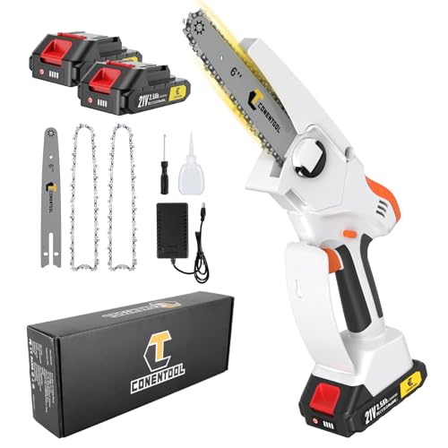 Akku Kettensäge 6 Zoll - Mini Kettensäge mit 2 Akkus und 2 gehärteten Legierungsketten, Akkubetriebene Handkettensäge für Gartenscheren, Astscheren und Holzschnitte, Elektrisches Gartenwerkzeug