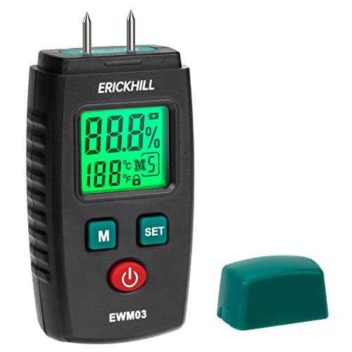 Feuchtigkeitsmessgerät, ERICKHILL EWM03 Pin-Typ Holzfeuchtemessgerät mit 5 Modi, LCD-Display mit grüner Hintergrundbeleuchtung, Holz- und Baumaterial-Schimmel-Detektor.