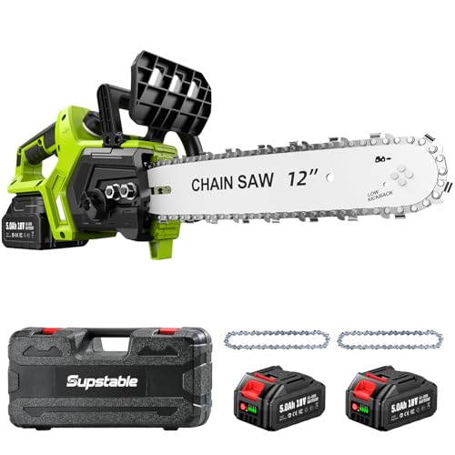 Supstable Akku Kettensäge 12 Zoll, 10000mAh Elektro Kettensäge, 1200W Bürstenloser Motor, Automatische Kettenschmierung, Werkzeuglose Kettenspannung, 30cm Schwertlänge, Ideal für Brennholz & Baum