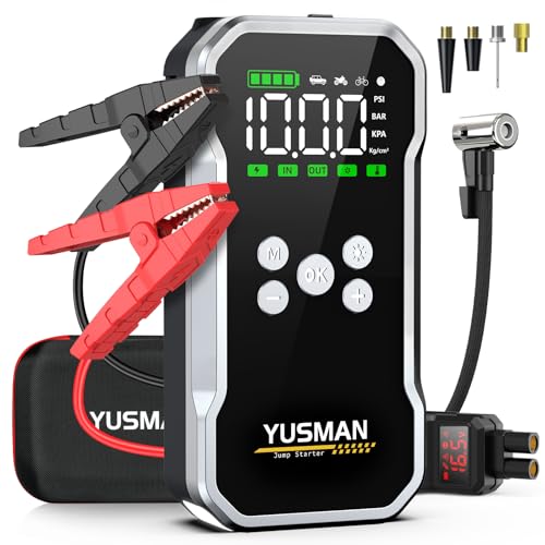 YUSMAN Starthilfe Powerbank mit Kompressor | 6000A Auto Starthilfe für alle Benzinmotoren & 7L Diesel | 150PSI Luftpumpe mit LCD & Multifunktions-Taschenlampe