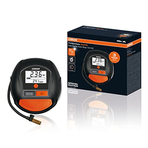 OSRAM TYREinflate RAPID, digitaler 12V Luftkompressor, tragbarer Kompressor, Auto-Stopp, LED Licht, programmierbar, elektrische Luftpumpe für Reifen, 12V Anschluss, Reifenbefüllung in 2 Min