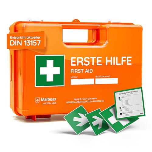 Erste Hilfe Koffer nach neuer DIN 13157:2021 | Gefüllt, inkl. Wandhalterung und gratis Aufklebern | Erste Hilfe Kasten/Verbandkasten für Betriebe, Unternehmen und Zuhause | 2022 aktualisiert