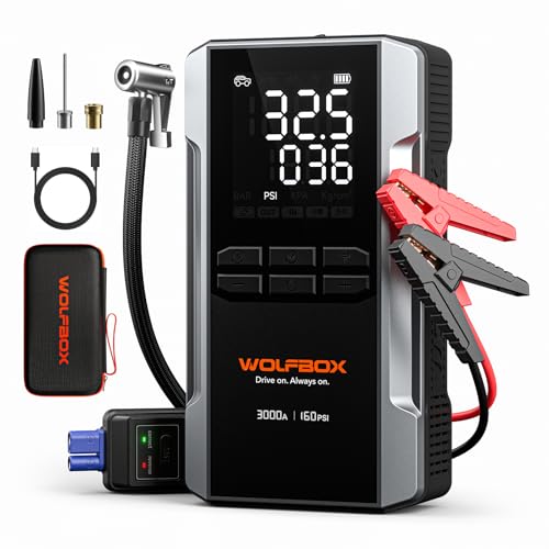 WOLFBOX 3000A Starthilfe Powerbank für PKW mit Luftkompressor 160 PSI, 65 W Schnellladung, 59.2Wh Kapazität, für 8 L Benzin- / 6 L Dieselmotoren, mit LED-Bildschirm und 400 Lumen Notlicht