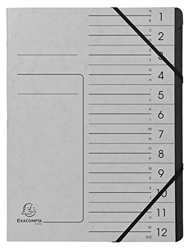 Exacompta 541211E Premium Ordnungsmappe geheftet. Aus extra starkem Colorspan-Karton DIN A4 12 schwarze Fächer und 2 Gummizüge mit Organisationsdruck Ringmappe Register-Mappe grau