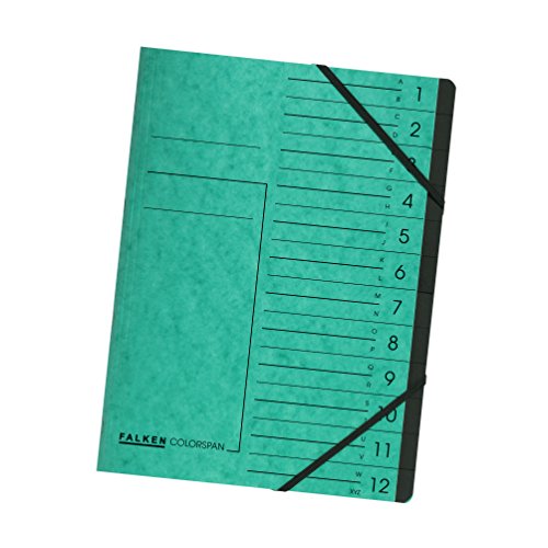 Original Falken Premium Ordnungsmappe. Made in Germany. Aus extra starkem Colorspan-Karton DIN A4 12 Fächer und 2 Gummizüge mit Organisationsdruck grün Ringmappe Register-Mappe