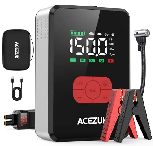 ACEZUK Starthilfe Powerbank mit 150PSI Kompressor 7000A Starter Powerbank für PKW mit 3,4" LCD Bildschirm,600 Lumen Notbeleuchtung,Zwangsweise Startfunktion