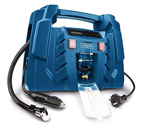 Scheppach Kompressor Airforce 5 mit digitaler Anzeige | 12V / 230V Anschluss für KFZ/Auto | tragbarer Kofferkompressor | 8bar Arbeitsdruck | 150W | Ansaugleistung 36,5 l/min | inkl. Zubehör