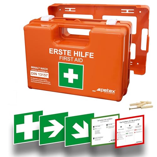 PETEX Betriebsverbandkasten Profi mit Inhalt nach neuer DIN 13157 inkl. praktischer Wandhalterung, 5x Aufkleber, Erste-Hilfe-Koffer, Verbandkasten in orange für Betrieb, Büro, Baustellen