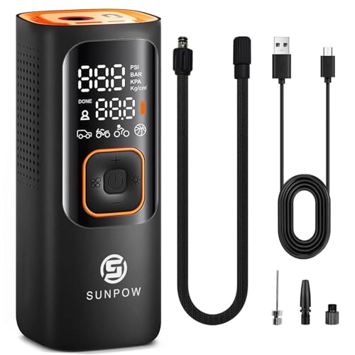 SUNPOW Elektrische Luftpumpe, Tragbar Mini Kompressor mit 7500mAh Akku, 160PSI Tragbarer Luftkompressor Auto Reifenpumpe, Digital LCD, LED Licht, AutoOff, Als Powerbank