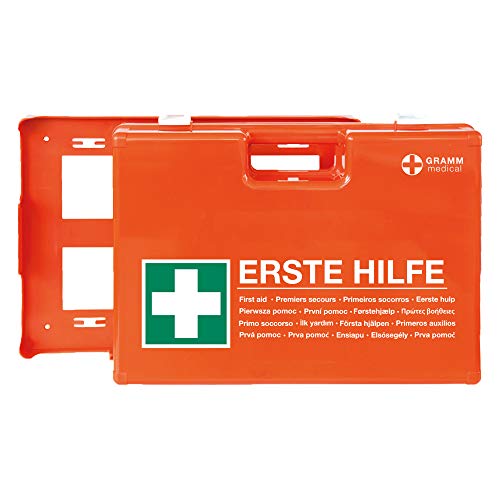 ACTIOMEDIC Mobiler und stationärer Erste-Hilfe-Kasten mit Wandhalterung zur Aufbewahrung, DOMINO DIN 13157:2021 I Hypoallergene Pflaster, mehrsprachig, Visuelle Hilfsmittel, orange, 28 x 12 x 20 cm