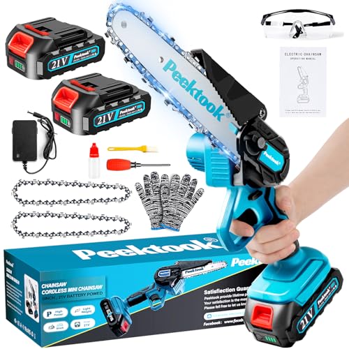 Mini Kettensäge mit Akku, 6 Zoll Akku kettensäge mit 1000W Bürstenloser Motor und 4000mAh Akkus, Mit 2 Ketten und Sicherheitsverriegelung, Handkettensäge Akku für Gartenscheren Astschere Holzschneiden