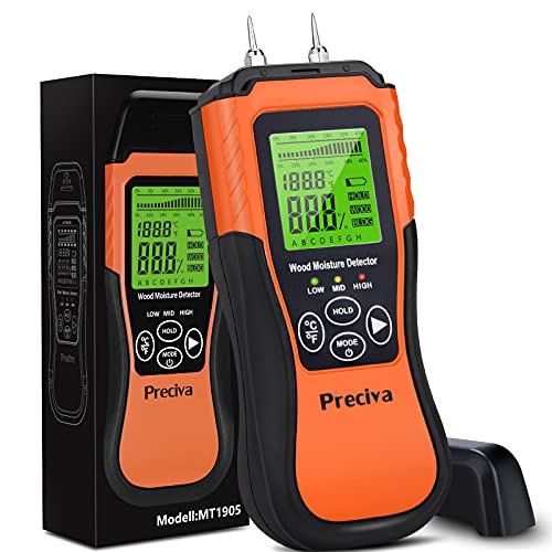 Feuchtigkeitsmessgerät, Preciva Digitales Holzfeuchtemessgerät Holz Feuchtigkeits Detector, Feuchtigkeitsmesser mit Hintergrundbeleuchtetem LCD-Display für Holz- und Baustoff-Feuchtigkeitsprüfung