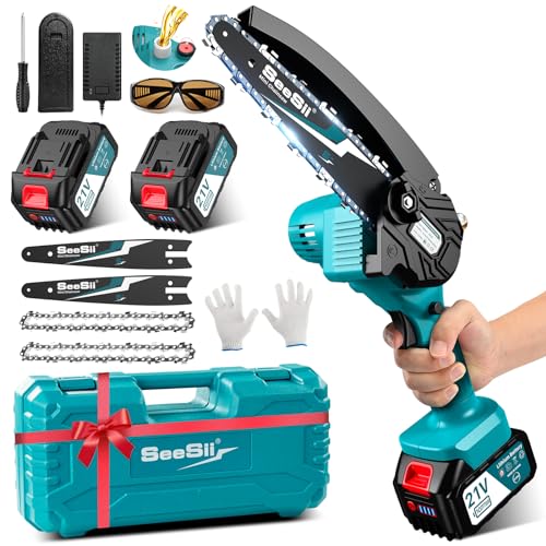 Mini Kettensäge mit Akku 8000mAh, Seesii 6 Zoll Mini Kettensäge Elektro mit Automatischer Öler und 2 Akku 4000mAh, Handkettensäge Akku für Gartenscheren Astschere Holzschneidenz, CH600+