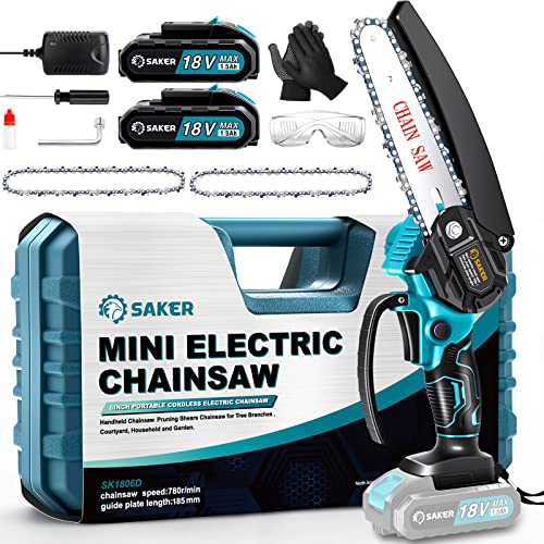 Saker Mini Kettensäge mit Akku 6 inch, kabellose elektrisch mit 2 Ketten und 2 Batterie, 15 cm mit Sicherheitstaste Einhand , Handkettensäge zum Schneiden von Äste und Garten