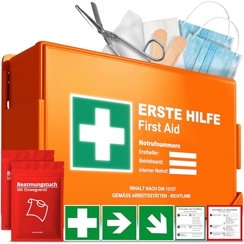 Erste Hilfe Kasten nach neuer DIN 13157:2021 inkl. Wandhalterung & Aufklebern|Universal Erste Hilfe Koffer für Betrieb, Haushalt oder Gastronomie - Büro Verbandskasten gefüllt, Sanikasten