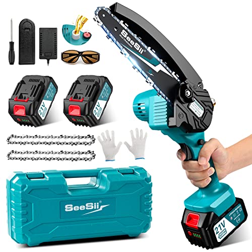 Mini Kettensäge mit Akku 4000mAh, Seesii 6 Zoll Mini Kettensäge Elektro mit Automatischer Öler und 2 Akku 4000mAh, Handkettensäge Akku für Gartenscheren Astschere Holzschneidenz, CH600+