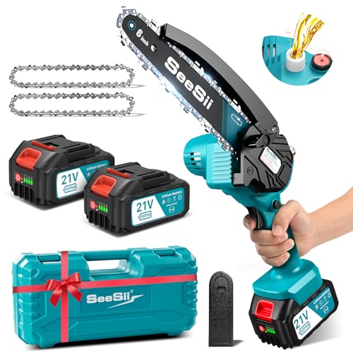 SEESII Mini Kettensäge mit Akku 8000mAh 6 Zoll, Akku Kettensäge mit Automatischer Öler und Ersatzkette, Handkettensäge Akku für Gartenscheren Astschere Holzschneidenz