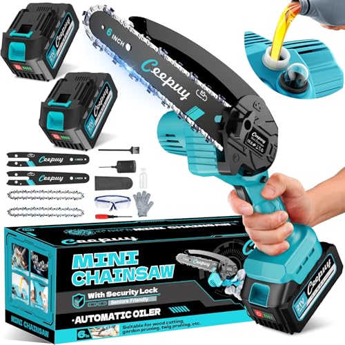 Mini Akku Kettensäge 10000mAh 6 Zoll Mini Kettensäge mit Akku880W reinem Kupfermotor und Sicherheitsverriegelung ideale Elektrische Handkettensäge für präzises Schneiden von Ästen und Holz im Garten