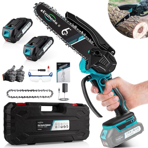 Mini Kettensäge mit Akku, 6 Zoll Handkettensäge Motorsäge mit 2 * 2.0Ah Akkus und Ladegerät, 2 Ketten, Einhand Kettensäge Elektrisch für Gartenbäumen Astschere Holzschneiden