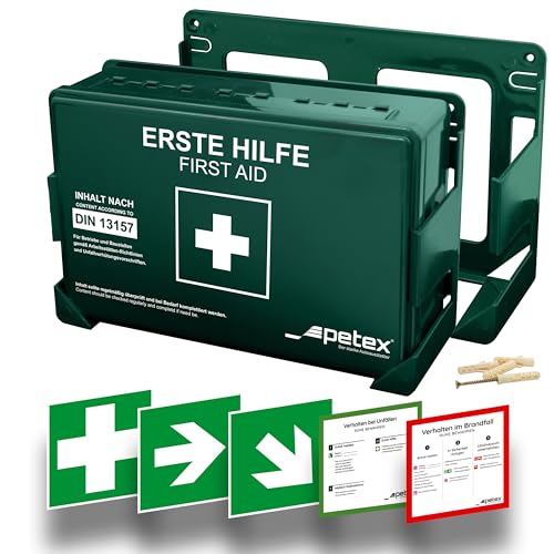 PETEX Betriebsverbandkasten Standard mit Inhalt nach neuer DIN 13157 inkl. praktischer Wandhalterung, 5x Aufkleber, Erste-Hilfe-Koffer, Verbandkasten in grün für Betrieb, Büro, Baustellen