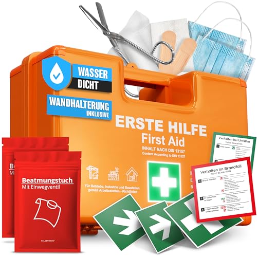HELDENWERK Erste Hilfe Kasten nach neuer DIN 13157:2021 inkl. Wandhalterung & Aufklebern|Universal Erste Hilfe Koffer für Betrieb, Haushalt oder Gastronomie - Büro Verbandskasten gefüllt, Sanikasten