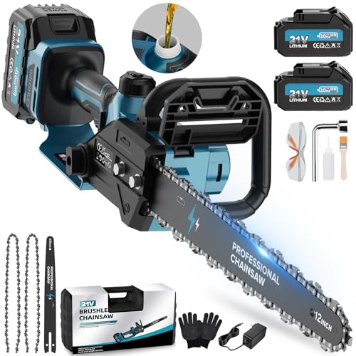 Akku Kettensäge mit Akku 12000mAh, 12 Zoll Elektro Kettensäge 1800W Bürstenloser mit Automatischer Öler, Astsäge Elektrisch für Zum Schneiden von Holz, Bäumen, Gartenarbeit
