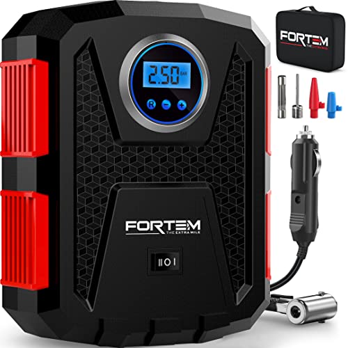 Fortem Tragbarer Kompressor Autoreifen, Kompressor Fahrrad, 12V Autoreifen Pumpe und Fahrradpumpe Elektrisch mit LED-Licht - Digitaler Reifendruckmesser Automatische Pumpe/Abschaltung, Tasche