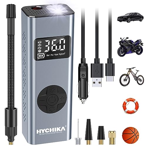 HYCHIKA Tragbarer Luftkompressor 12V 6000mAh Wiederaufladbarer Elektrischer Kompressor I50PSI luftpumpe, Fahrradpumpe mit LED-Licht und Manometer für Auto Fahrrad Motorrad Bälle, AutoOff