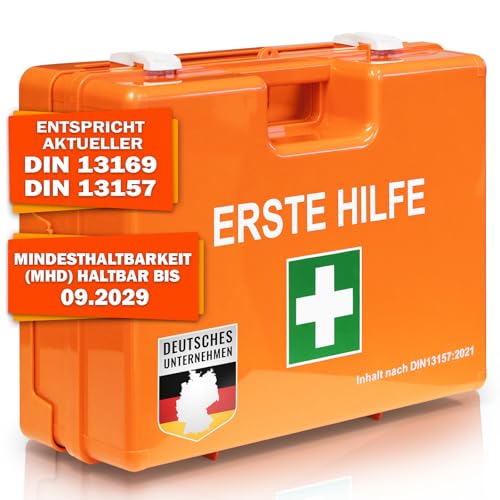 Floordirekt Erste Hilfe Koffer für Betriebe DIN 13157:2021 gefüllt inkl. Wandhalterung | 1 Hilfe Verbandkasten Set für Zuhause, Büros und Gastro, Notfallbox bis 50 Mitarbeiter (28 x 20 x 11,5 cm)