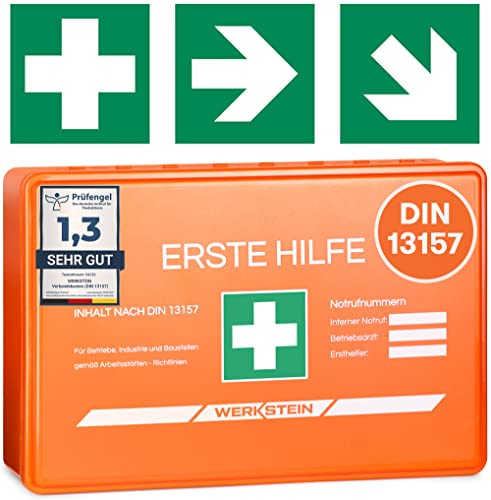 Erste Hilfe Kasten DIN 13157:2021 Small - Inkl. praktischer Wandhalterung, 3x Aufkleber, Gesichtsmasken & Feuchttücher - Verbandskasten DIN 13157 für Betriebe, Einrichtungen & Zuhause