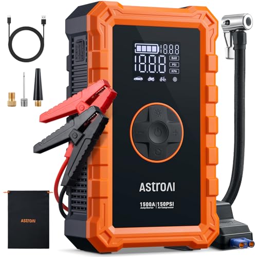 AstroAI S8 Air Starthilfe Powerbank mit 150PSI Kompressor, 5-in-1 Starthilfegerät für 6L Benzin/3L Diesel mit Universal-Luftpumpe und 2,4" Grosses Display, 3 Light Modes