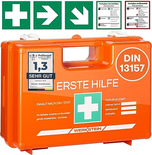 Erste Hilfe Kasten mit Inhalt nach neuer DIN 13157:2021 I Erste Hilfe Koffer inkl. praktischer Wandhalterung, 5x Aufkleber & Plombe I Verbandskasten für Betriebe, Einrichtungen & Zuhause