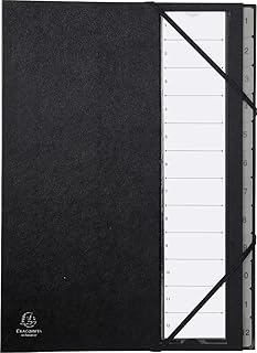 Exacompta 56012E Premium Ordnungsmappe Ordonator. Mit festem Einband für DIN A4 und 12 Fächern 1-12 mit dehbarem Rücken, 2 Gummizügen, Kunststofftaben Fächermappe Register-Mappe schwarz