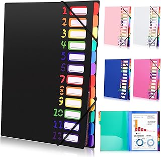A4 Dokumentenmappe, Fächermappe, Dokumentenmappe mit 12 Fächer, Mappe Organizer mit Gummizug für Büro Dokumente, Schule Hausaufgaben und Papier, Wasserdicht, mit Etikett (Schwarz)